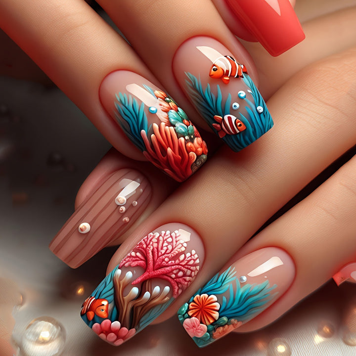 Artificial Acrylic Nails in Maritime Coral Design Kalsten