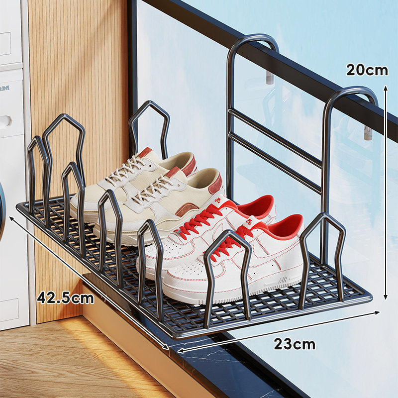 Balcony-Hung Ventilated Shoe Shelf with Drainable Mesh Base and Adjustable Dividers