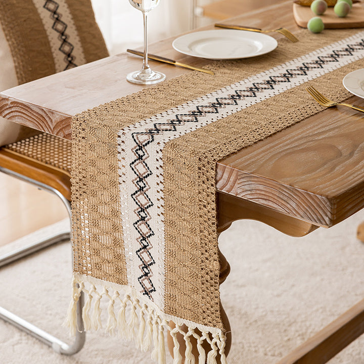 Handwoven Bohemian Cotton Table Runner with Fringe Tassels and Geometric Embroidery