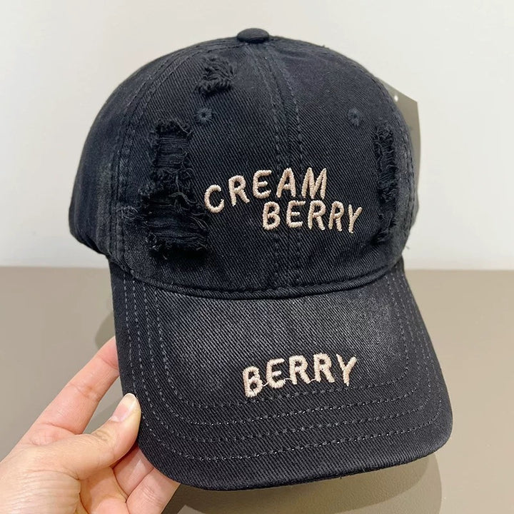 Distressed Denim Baseball Cap with Unique Embroidery