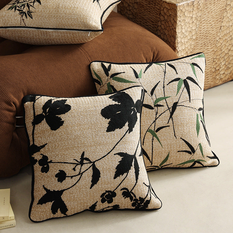Woven decorative cushion cover with bamboo leaf jacquard and contrast piping Kalsten