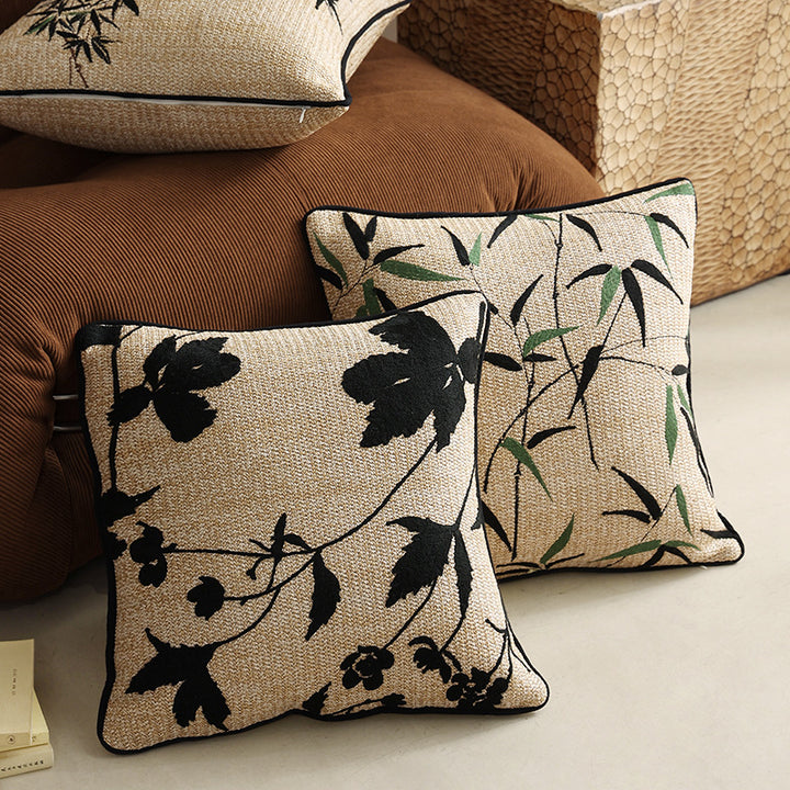 Woven decorative cushion cover with bamboo leaf jacquard and contrast piping Kalsten