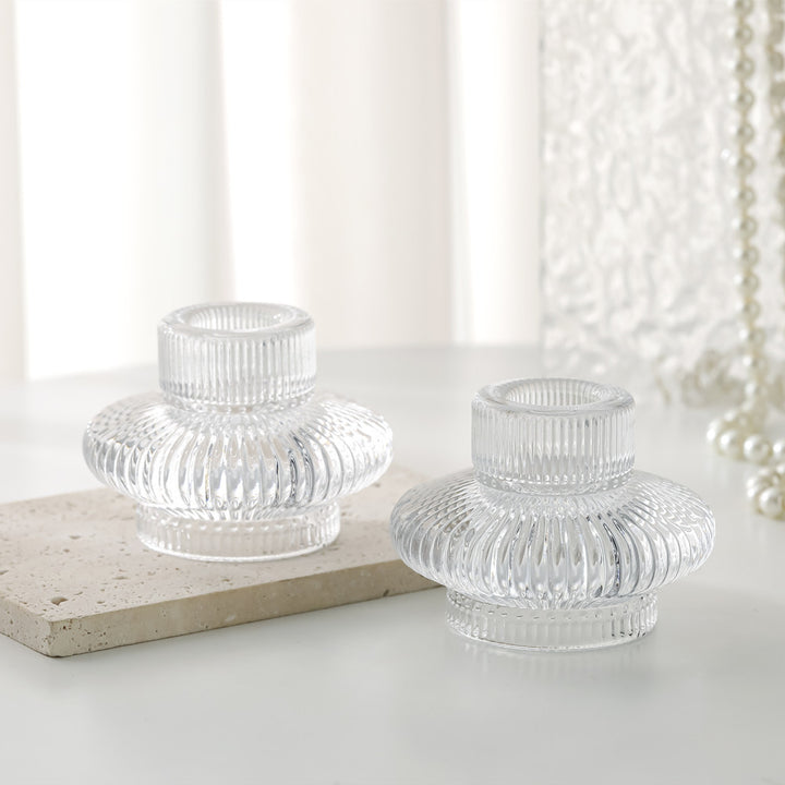 Ribbed Textured Glass Tealight Candle Holder with Flared Collar Kalsten