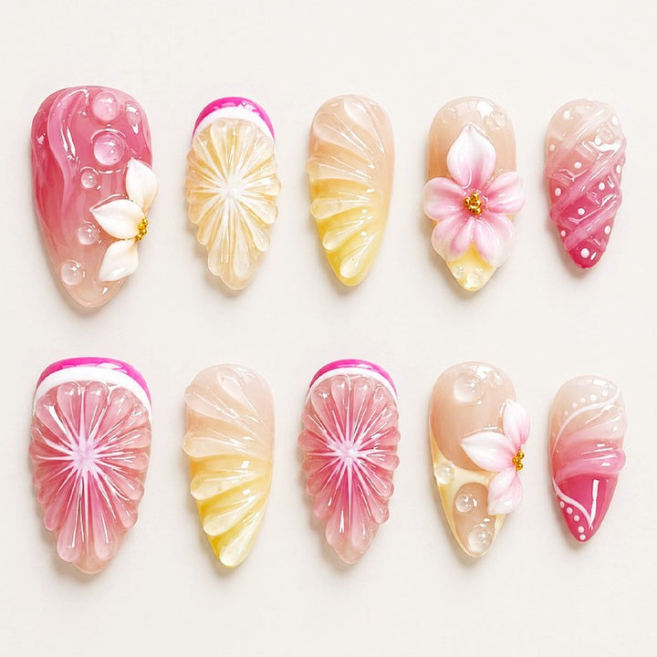 Artificial nail set with elegant floral details and glitter effects Kalsten