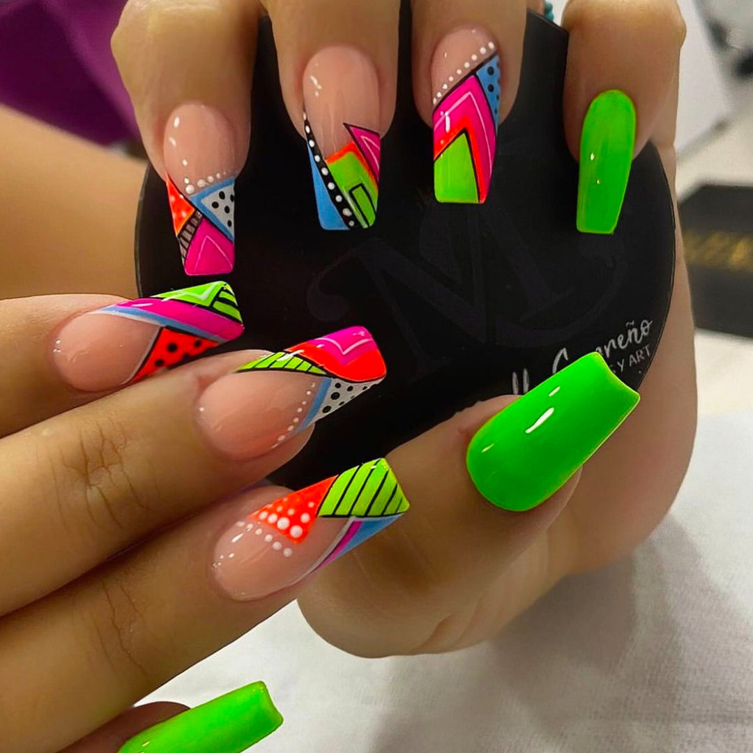 Artistic Neon Geometric Press-On Nail Art Extensions Kalsten