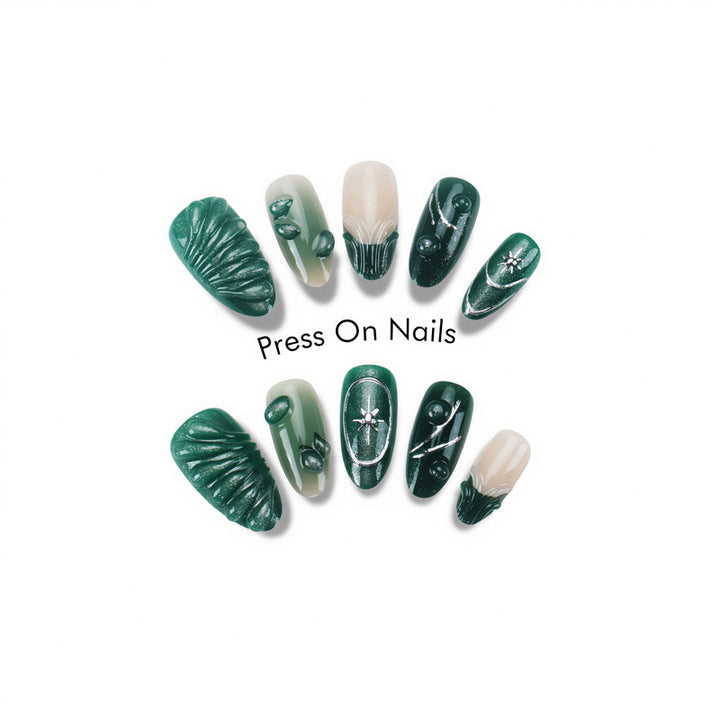 Artistic Press-On Nail Set with Botanical Textures Kalsten