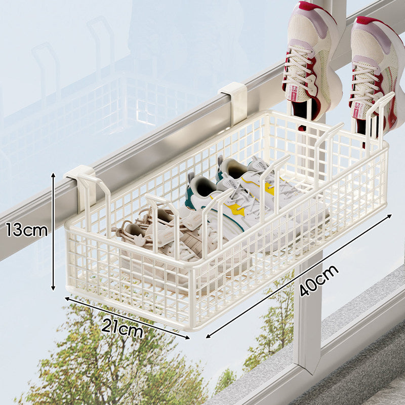 Over-Rail Balcony Shoe Drying and Storage Basket with Divided Mesh Compartments