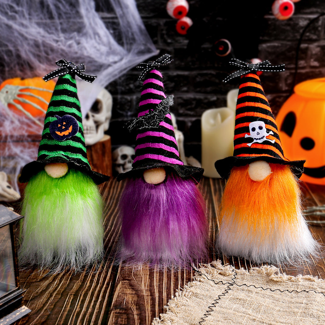 Halloween-Gnome decoration figure with pointed hat and artificial fur beard