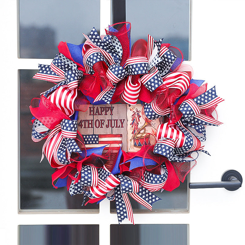 Unisex nan patriotic Americana fabric and wood door wreath with ribbon bows Kalsten
