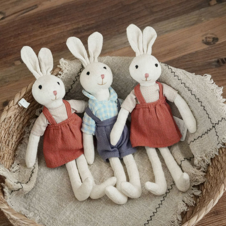 Handcrafted Neutral Linen Bunny Plush with Long Floppy Ears and Removable Two‑Piece Outfit
