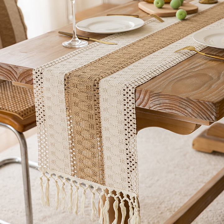 Handwoven Bohemian Cotton Table Runner with Fringe Tassels and Geometric Embroidery