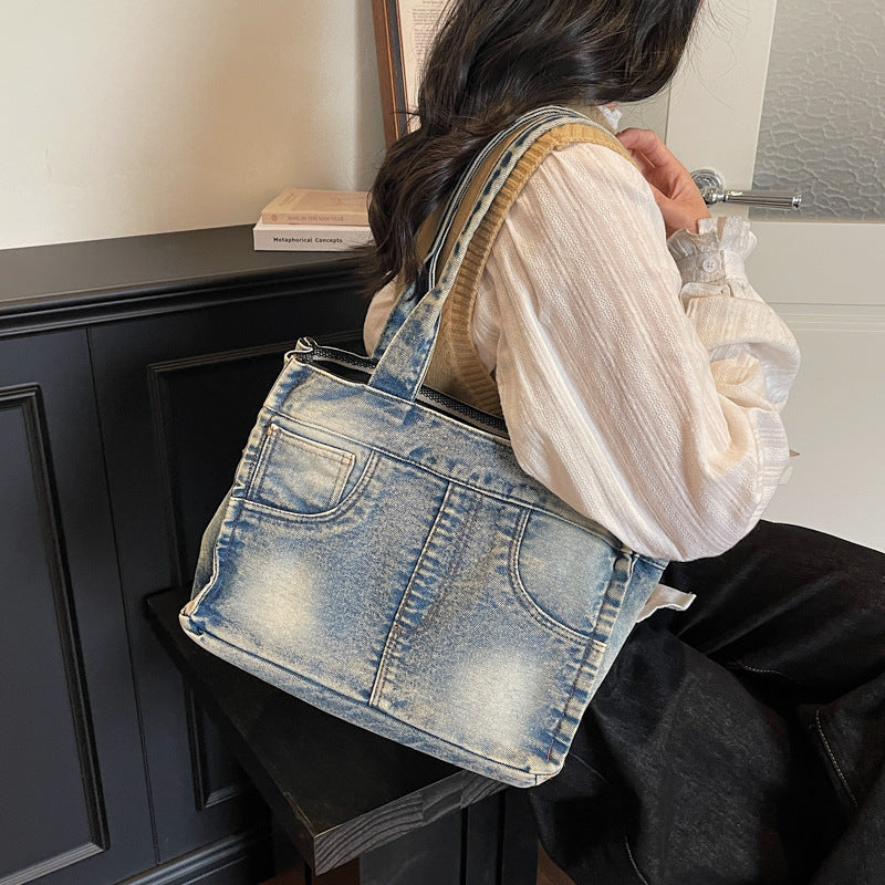 Denim-Inspired Multi-Pocket Tote Bag