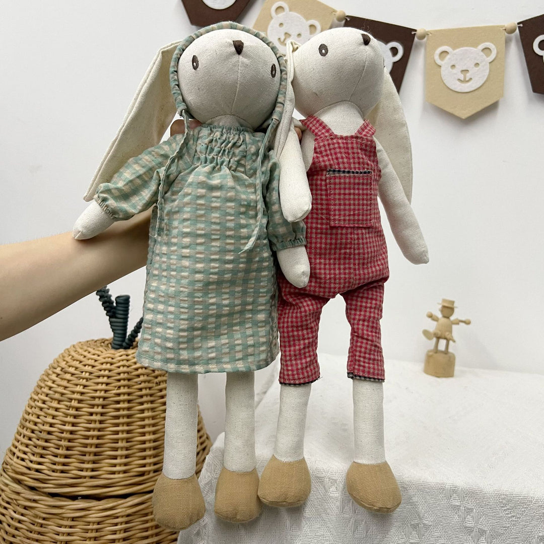 Handmade Linen Bunny Doll with Long Ears and Gingham Overalls