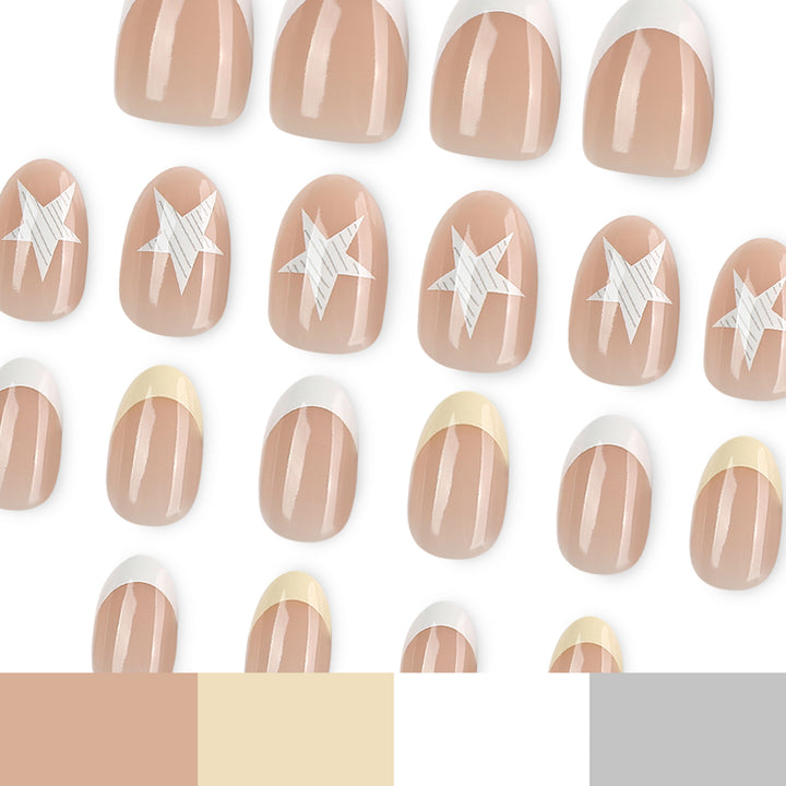 Elegant artificial nails with classic French tip and intricate star design Kalsten