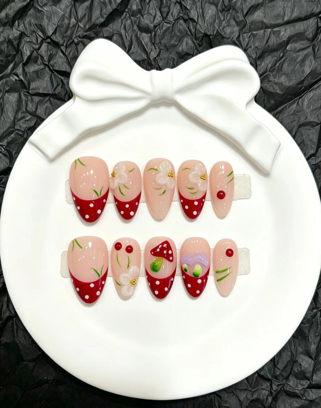 Artistic Press-On Nail Art Set with Floral and Fruit Accents