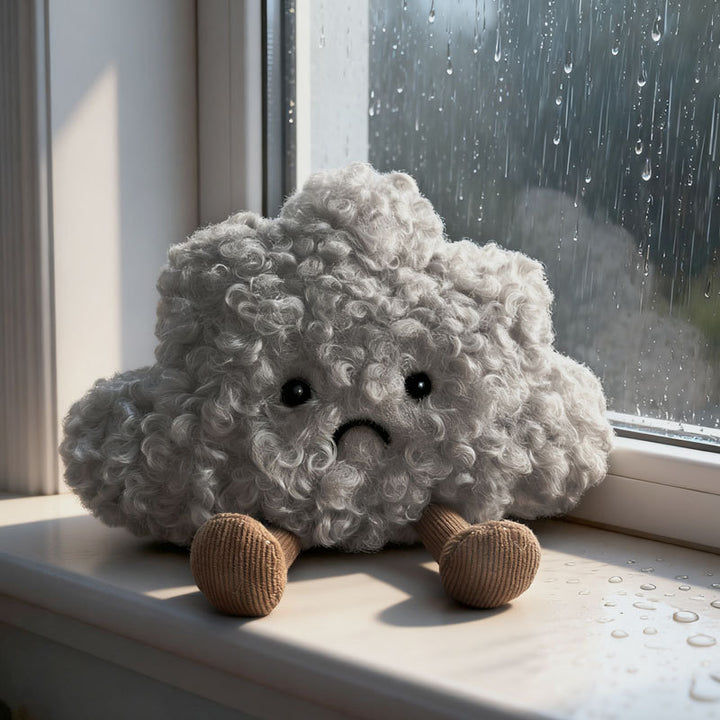 Curly Faux-Fur Sad Cloud Plush Pillow with Corduroy Legs and Embroidered Face Kalsten