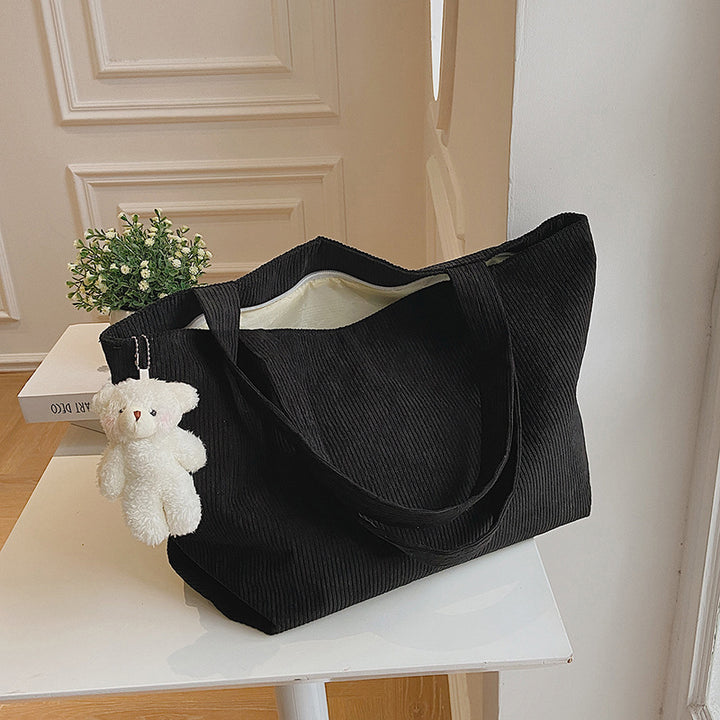 Functional Corduroy Tote Bag with Plush Charm