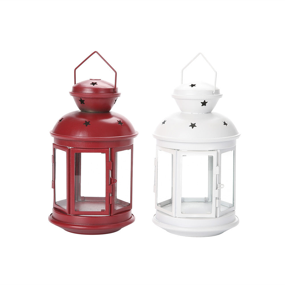 Vintage-Inspired Cylindrical Metal Tea Light Lantern with Star Vent Cutouts and Hinged Glass Door Kalsten