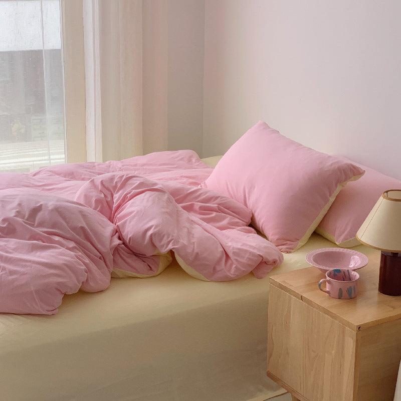 Modern bedding set with reversible duvet cover, fitted sheet and pillowcase made of breathable cotton percale