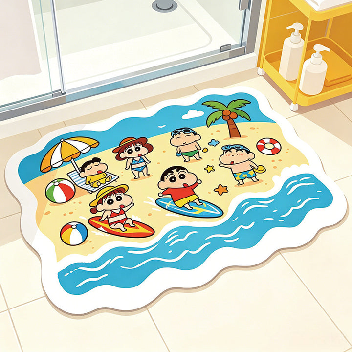 Playful Cartoon Beach-Themed Bath Mat