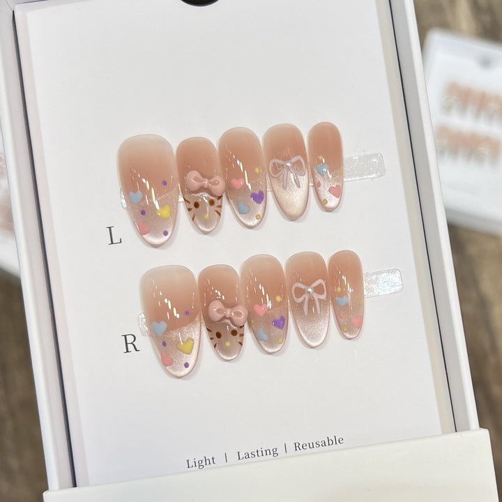 Decorative Press-On Nail Set with Colorful Heart and Bow Designs Kalsten
