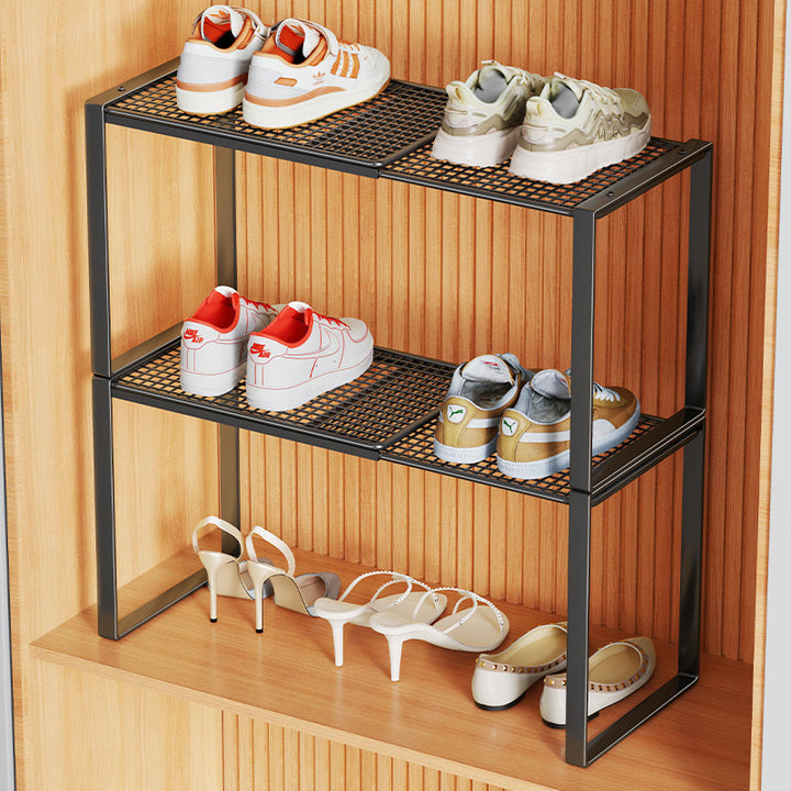 Multi-Tier Metal Mesh Shoe Storage Rack with Open Grid Shelves and Matte Frame