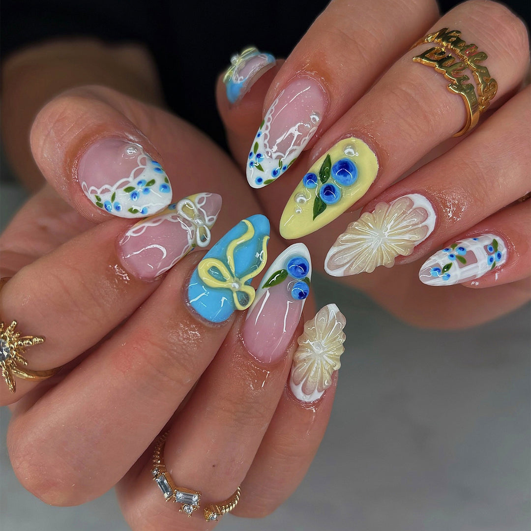 Artistic Press-On Nail Art Set with Floral and Bow Designs Kalsten