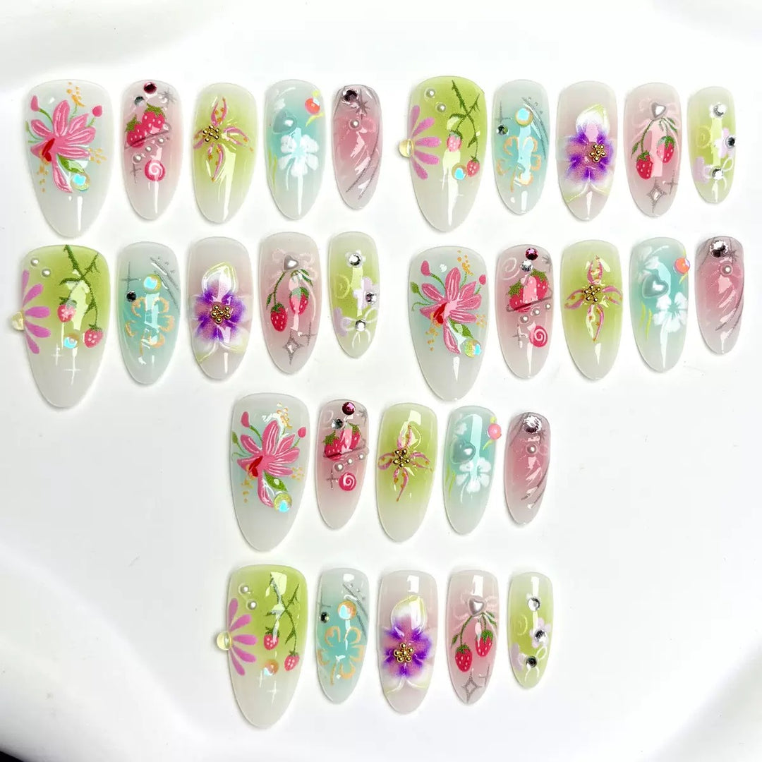 Artistic Press-On Nail Art Set with Floral Embellishments