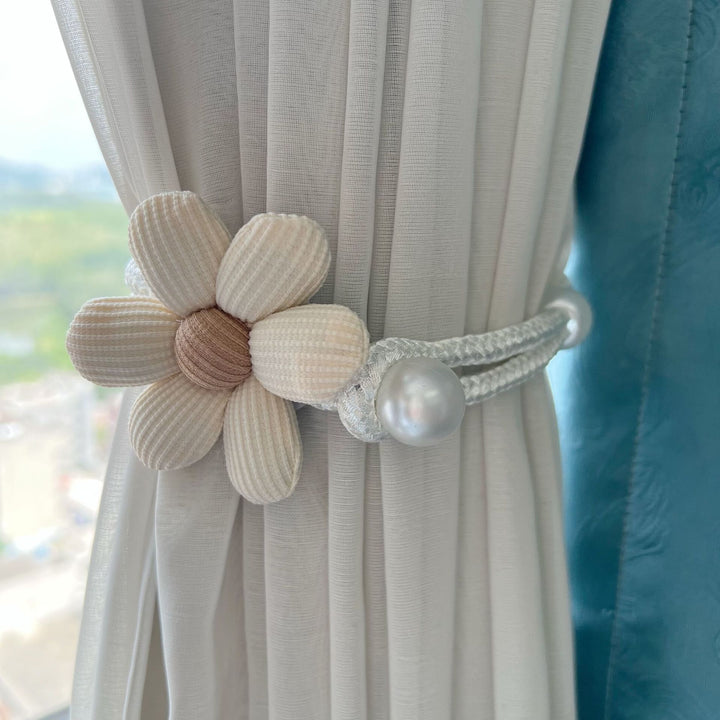 Fabric Flower Curtain Tieback with Braided Rope and Faux Pearl Accent