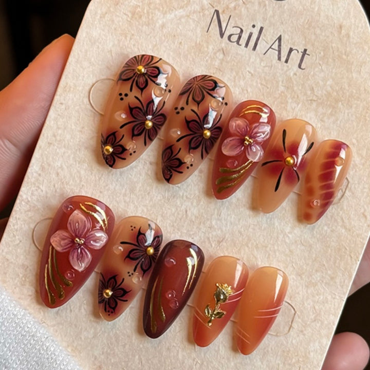 Artistic Floral and Gold Accent Press-On Nails Kalsten