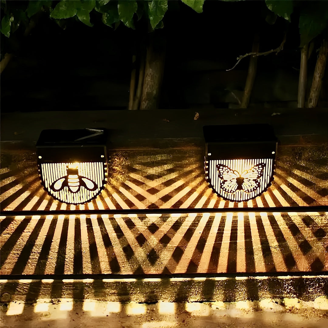 Decorative Solar-Powered Outdoor Wall Lanterns With Laser-Cut Insect And Floral Panels And Warm LED Ambiance Kalsten