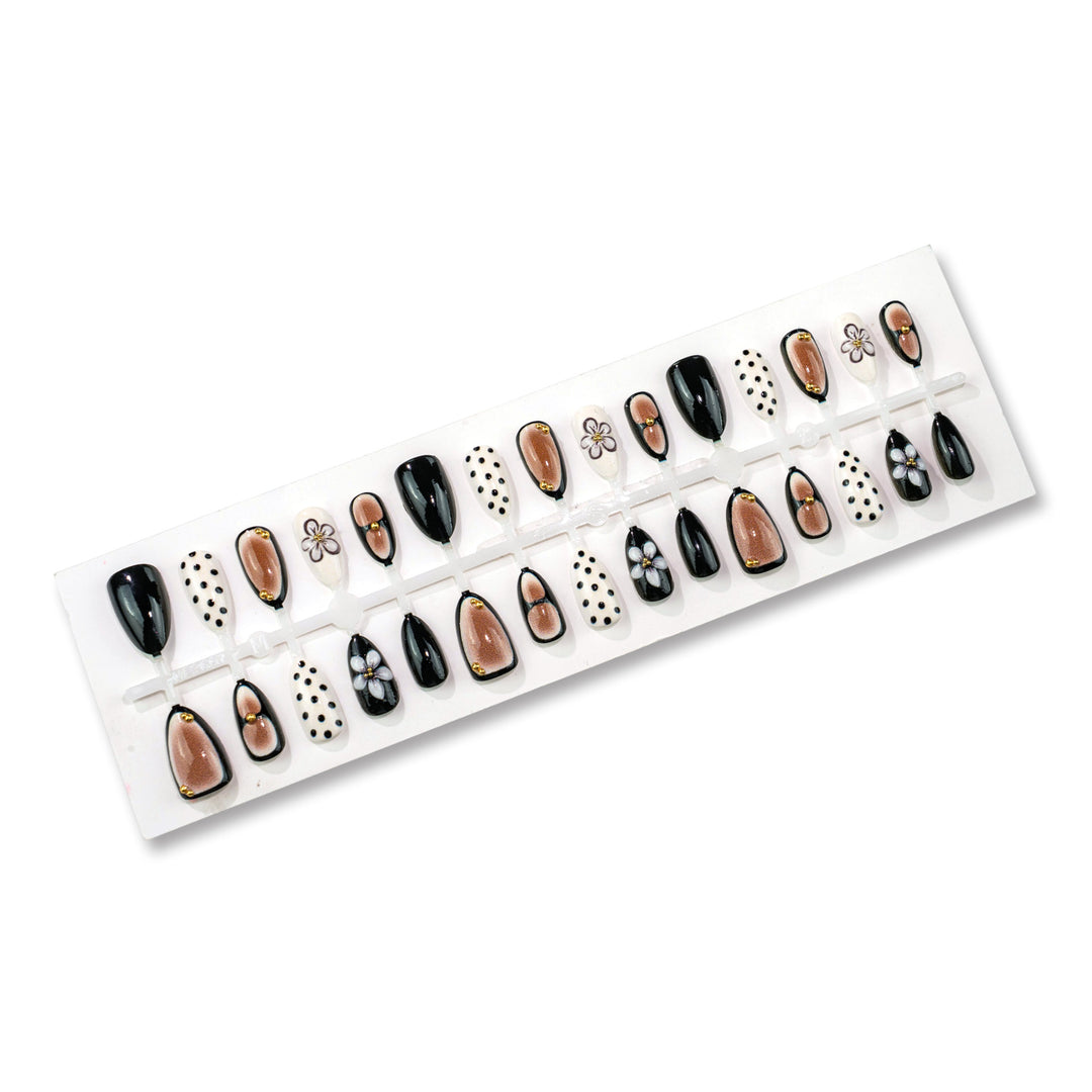 Artistic Press-On Nail Art Set with Floral and Polka Dot Designs Kalsten