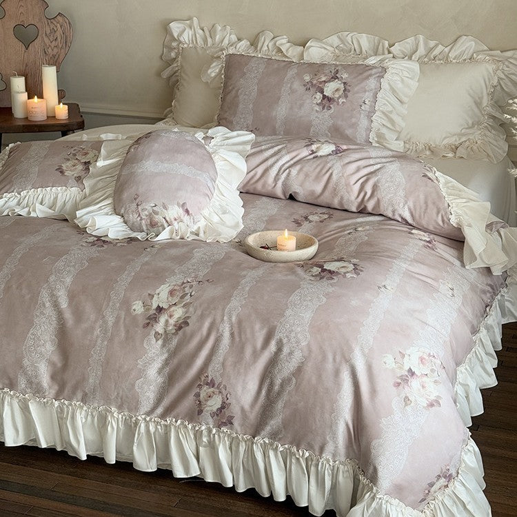 Romantic Ruffled Bed Linen Set with Lace Stripes and Floral Motif