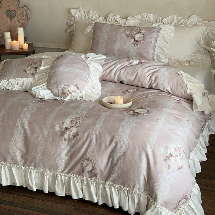 Romantic Ruffled Bed Linen Set with Lace Stripes and Floral Motif