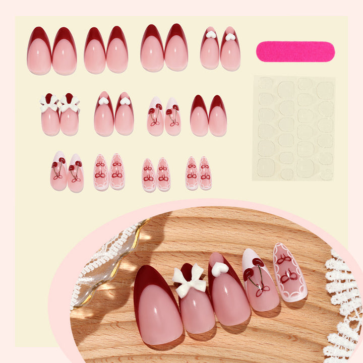 Decorative Press-On Nail Art Set with 3D Bow and Cherry Designs kalsten