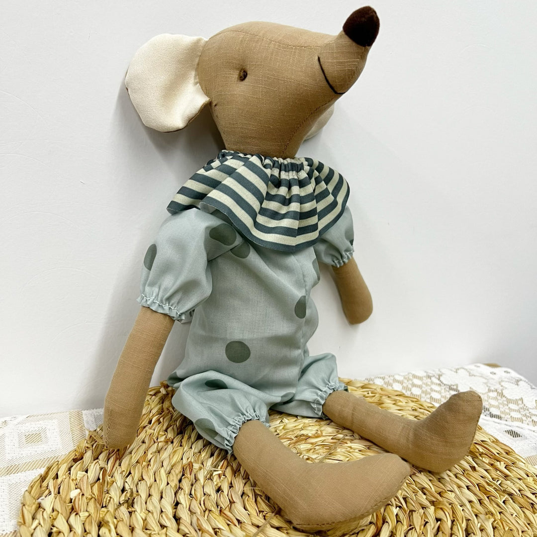 Handmade Linen Bunny Soft Cloth Doll with Embroidered Overalls