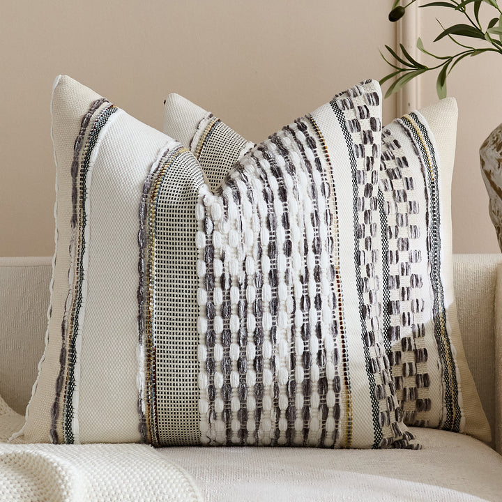 Handwoven Textured Square Throw Pillow Cover with Tufted Loop Stripes