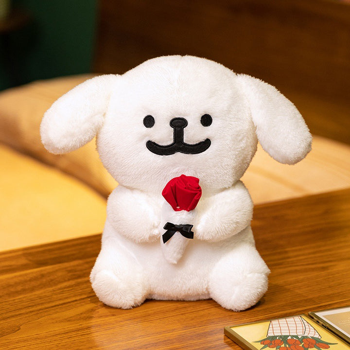 Plush Dog Holding Fabric Rose Decorative Soft Toy with Embroidered Face and Bow Kalsten