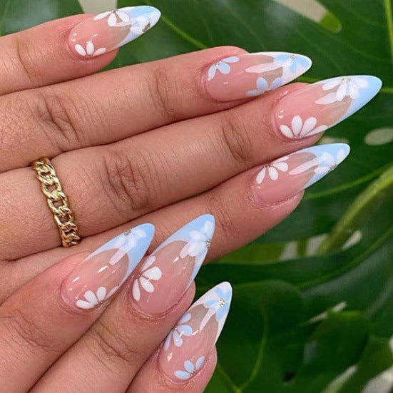 Pointed Almond-Shaped Press-On Nails with Floral Design Kalsten