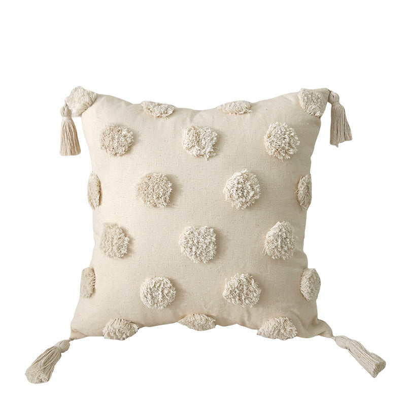 Square cotton-linen cushion cover with 3D pompom tufting and corner tassels Kalsten