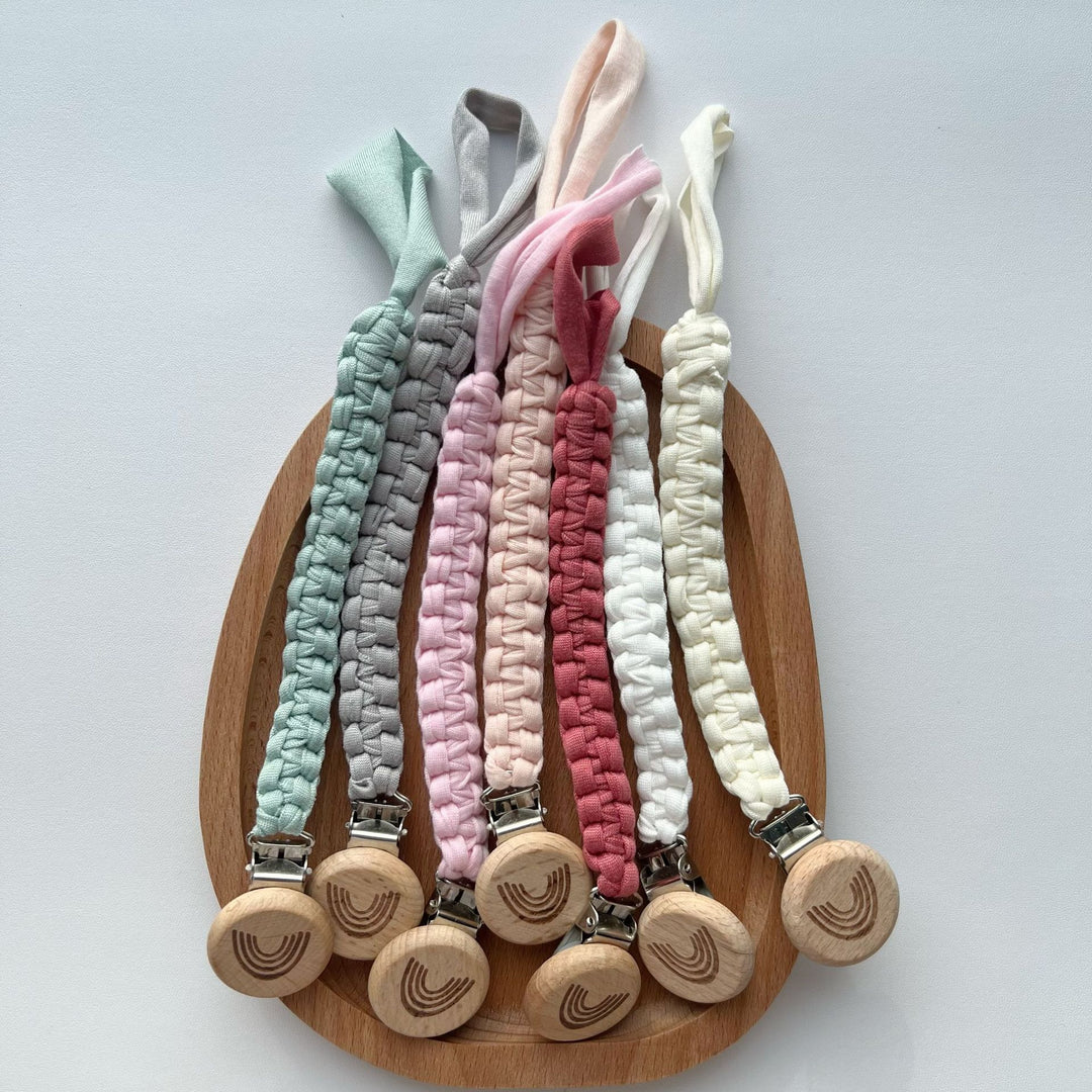 Braided Cotton Pacifier Lanyard with Engraved Wooden Safety Clip