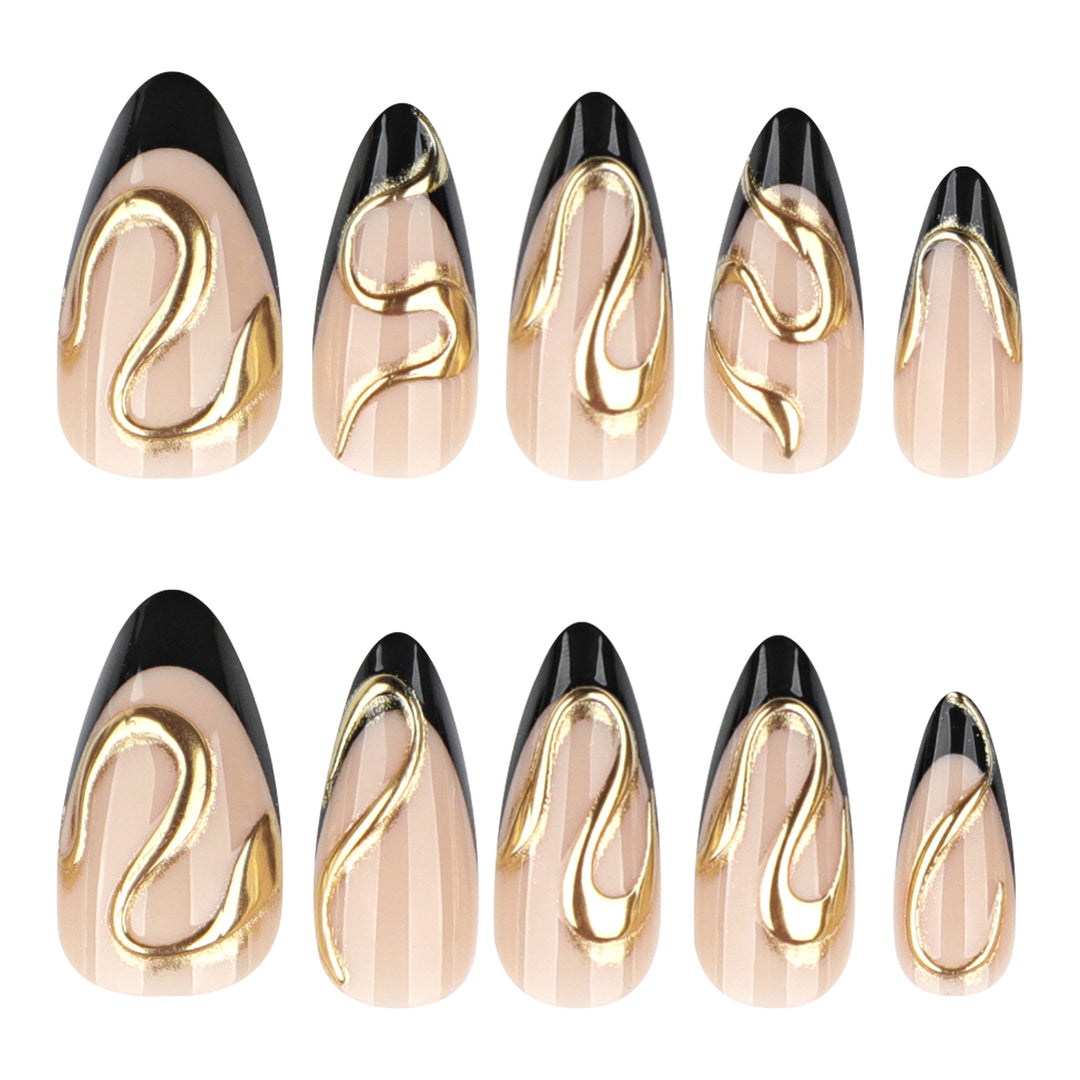 Artful stiletto nails with elegant gold design Kalsten