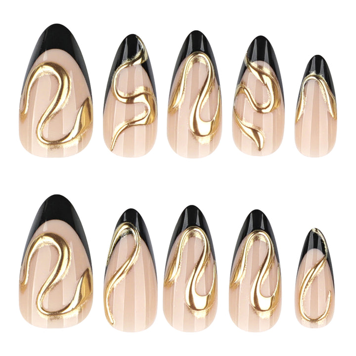 Artful stiletto nails with elegant gold design Kalsten
