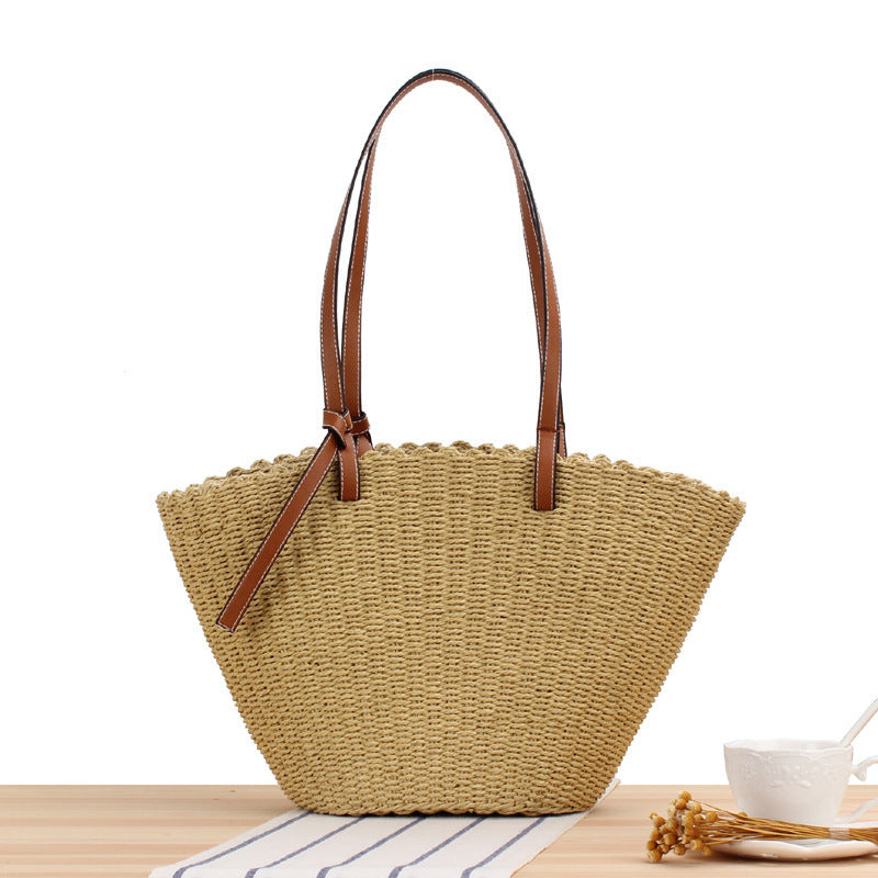 Woven Natural Material Handbag with Elegant Leather Handles Kalsten
