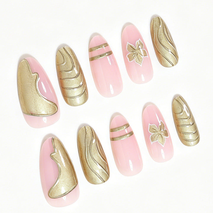 Elegant Metallic Floral Accent Press-On Nails Kalsten