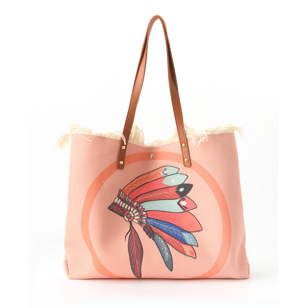 Beach bag with floral pattern and fringes Kalsten