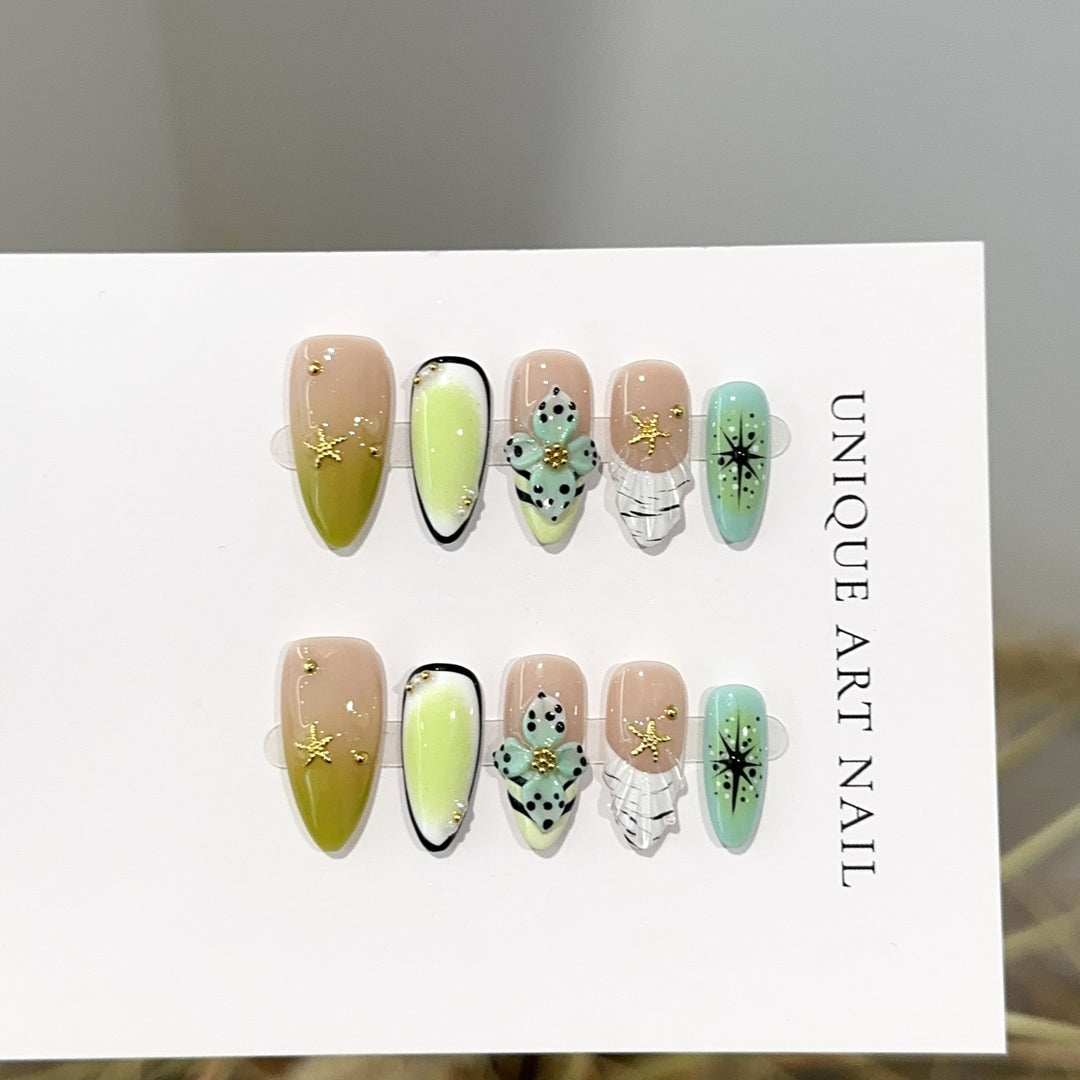 Artistic Press-On Nail Set with Floral and Gemstone Accents