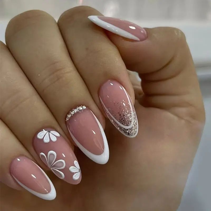 Elegant Floral Almond Nail Art Kalsten