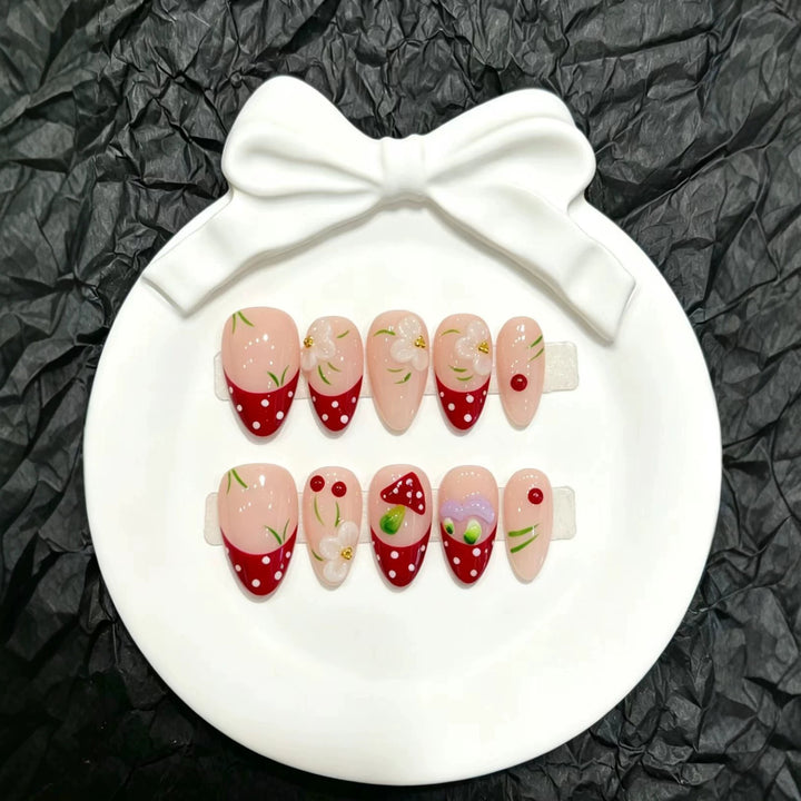 Artistic Press-On Nail Art Set with Floral and Fruit Accents