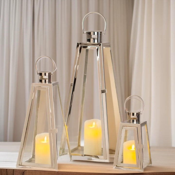 Modern Triangular Glass Candle Lantern Set with Gold Metal Frame Kalsten